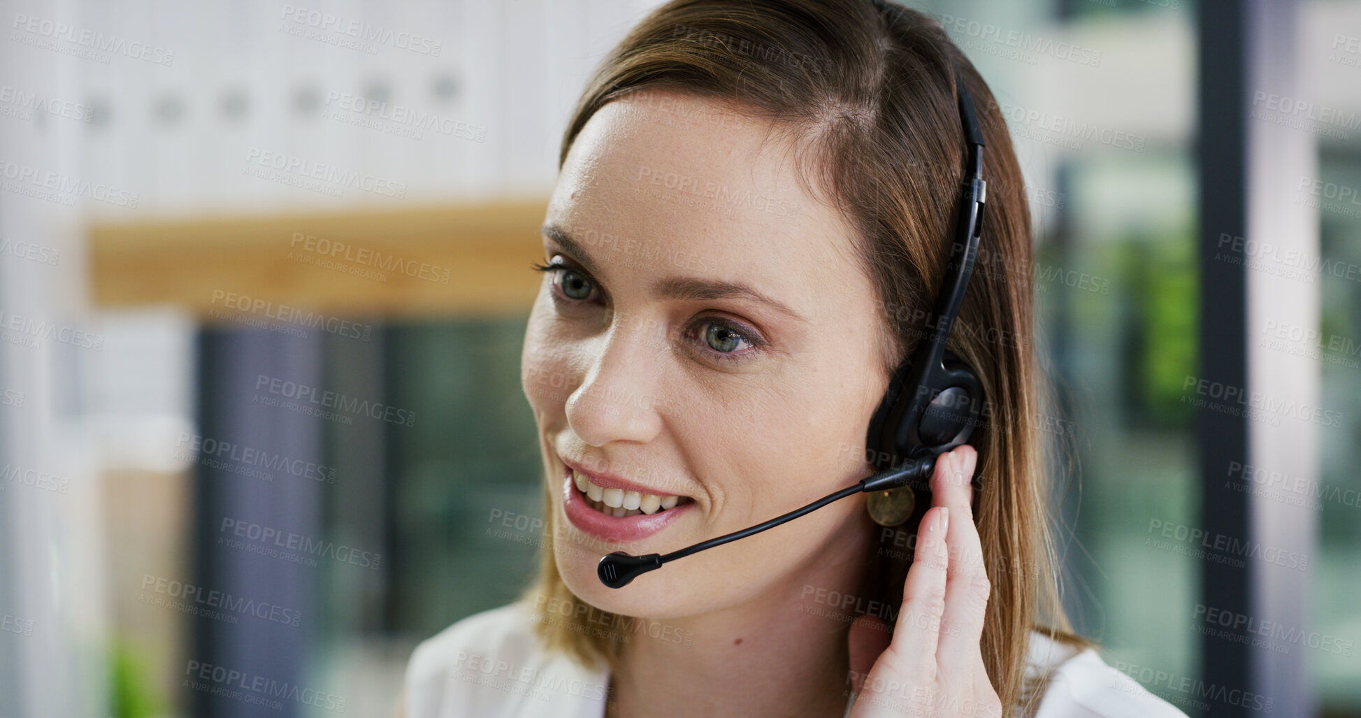 Buy stock photo Contact us, headset and woman in call center for inquiry, feedback or client support. Virtual assistant, communication or friendly sales agent in workplace for customer service or talking to help