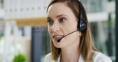 Buy stock photo Contact us, talking and woman in call center for inquiry, feedback or client support. Virtual assistant, communication or friendly sales agent in workplace for customer service, question and help