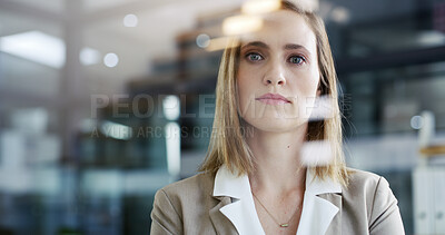 Buy stock photo Portrait, serious and business woman in office as compliance officer with career ambition. Confidence, professional worker and pride in workplace with policy development coordinator with bokeh in USA