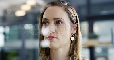 Buy stock photo Office, thinking and business woman with vision, planning or insight for investment. Reflection, thoughts and worker with idea, financial decision or problem solving with serious mindset with bokeh
