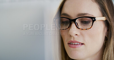 Buy stock photo Woman, glasses and reading with editor by tech for article, eye care wellness and frame at creative agency. Editing, proofreading and person with eyewear for clear vision for review with spectacles