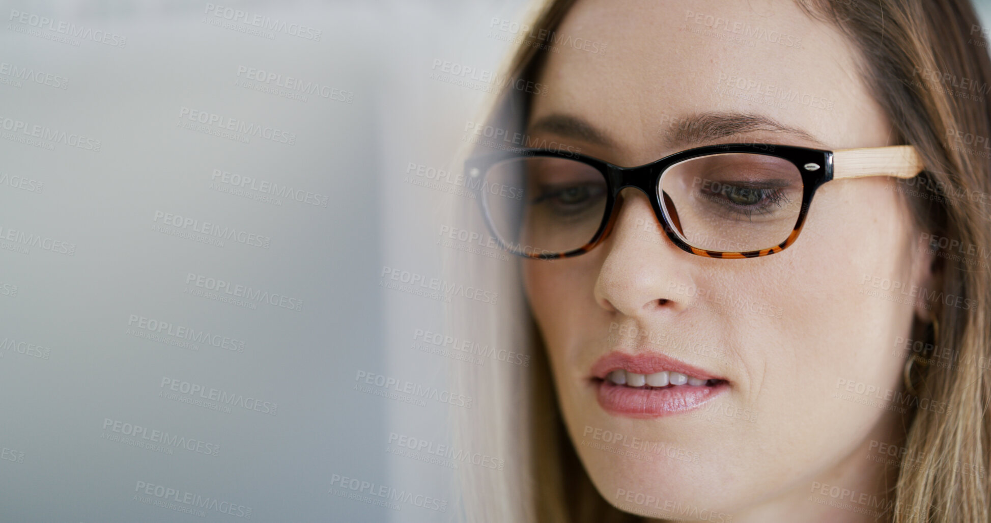 Buy stock photo Woman, glasses and reading with editor by tech for article, eye care wellness and frame at creative agency. Editing, proofreading and person with eyewear for clear vision for review with spectacles