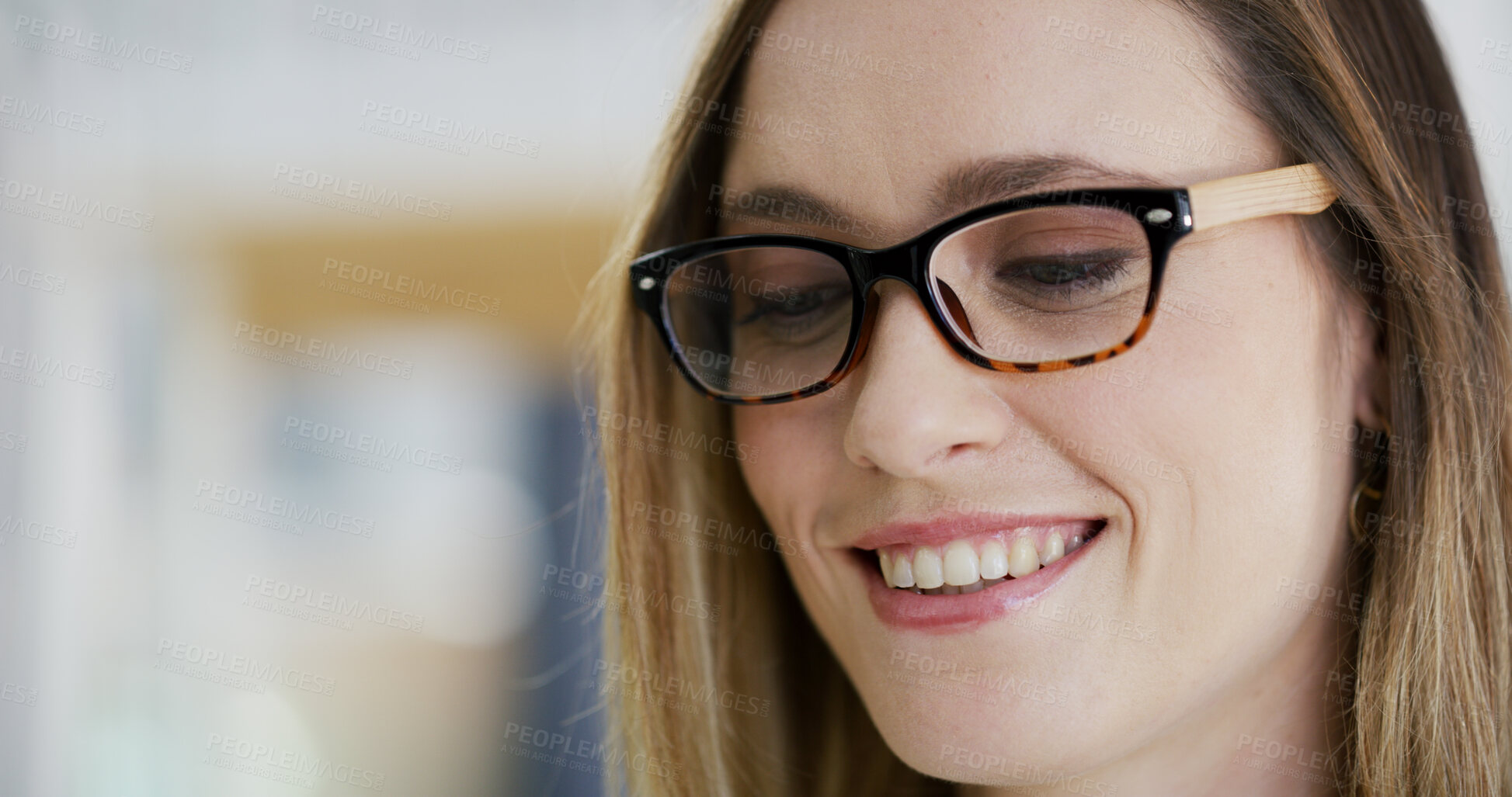 Buy stock photo Business, glasses and smile of woman in office for planning, reading or research online. Design, eyewear and face of happy employee on space in creative workplace for development, feedback or review