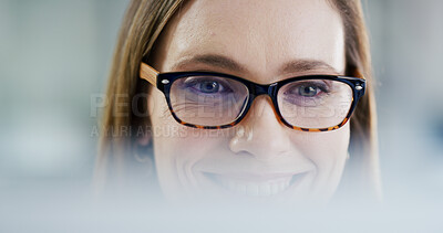 Buy stock photo Glasses, business woman and smile for reading blog review, story accuracy and positive feedback. Face of editor, person and happy for proofreading article, grammar correction and fast checking draft