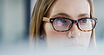 Reading, business woman and glasses with research for editing publication, blog review and focus. Editor, person and reflection of tech for proofreading, grammar correction and fast checking story