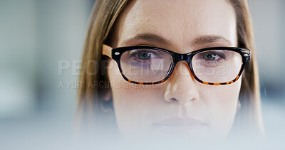 Buy stock photo Reading, business woman or glasses with research for editing publication, creative project or draft. Journalist, eyewear and reflection of tech for proofreading, story review and source verification