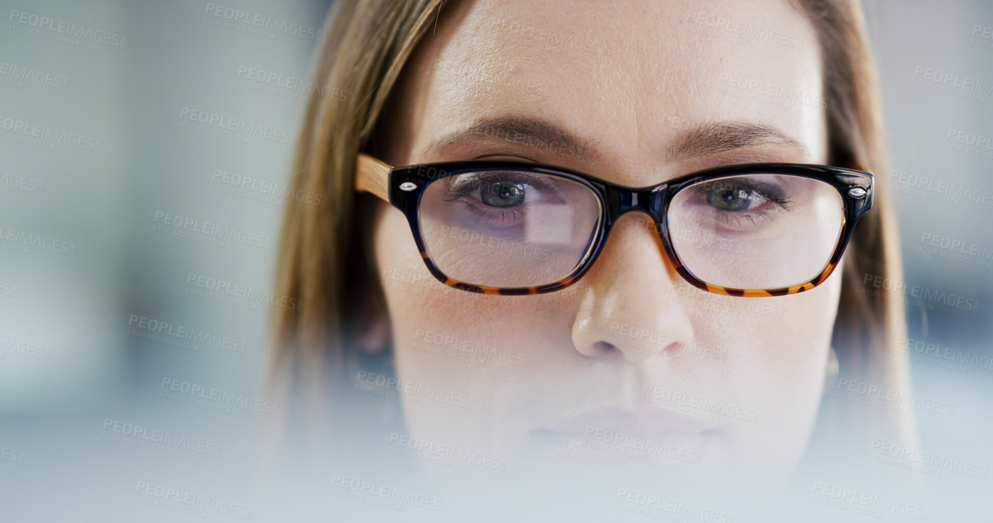 Buy stock photo Reading, business woman or glasses with research for editing publication, creative project or draft. Journalist, eyewear and reflection of tech for proofreading, story review and source verification