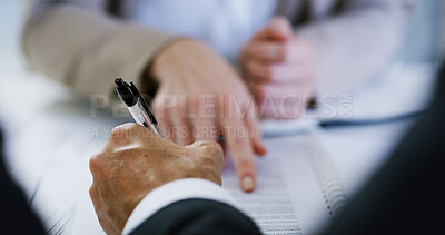 Buy stock photo Contract, lawyer or signature with hands of businessman in office for legal agreement or documents. Pointing, deal and paperwork in meeting with professional attorney, form info or financial advisor