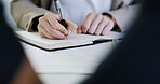 Hands, business woman and writing in notebook for finance report notes, workflow planner or schedule. Accountant, employee or planning in office with tax audit review, accounting to do list or agenda