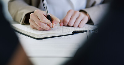 Buy stock photo Hands, business woman and writing in notebook for finance report notes, workflow planner or schedule. Accountant, employee or planning in office with tax audit review, accounting to do list or agenda