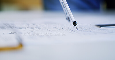 Buy stock photo Architecture, design and compass on blueprint for measurement, accuracy and building development. Floor planning, instrument and tool drawing on paper for renovation, engineering and creativity