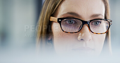 Buy stock photo Face, glasses and reading with business woman in office to review online information for report. Eyewear, internet and planning with employee on space in workplace for networking or research
