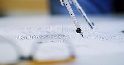 Buy stock photo Architecture, engineering and compass on blueprint for measurement, accuracy and building development. Floor planning, instrument and closeup of drawing on paper for renovation, design and creativity