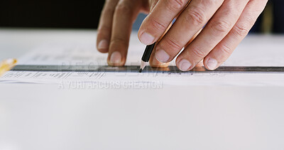 Buy stock photo Architect, hands and ruler on blueprint for measurement, accuracy and building development. Floor planning, instrument and person drawing on paper for architecture, engineering and creativity