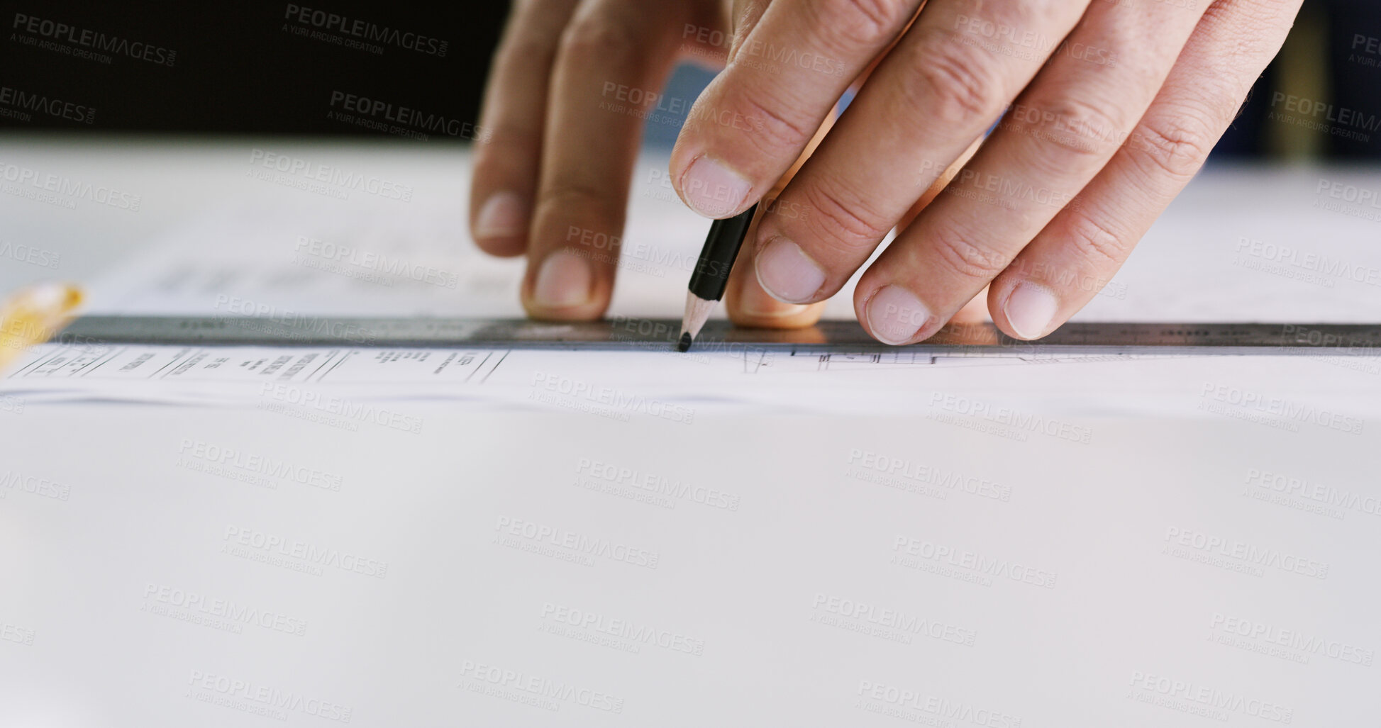 Buy stock photo Architect, hands and ruler on blueprint for measurement, accuracy and building development. Floor planning, instrument and person drawing on paper for architecture, engineering and creativity
