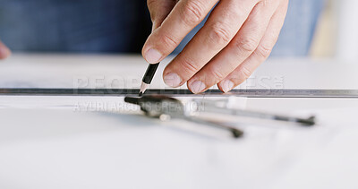 Buy stock photo Architect, hands and ruler on paper for measurement, accuracy and building development. Floor planning, instrument and person drawing on blueprint for architecture, engineering and creativity