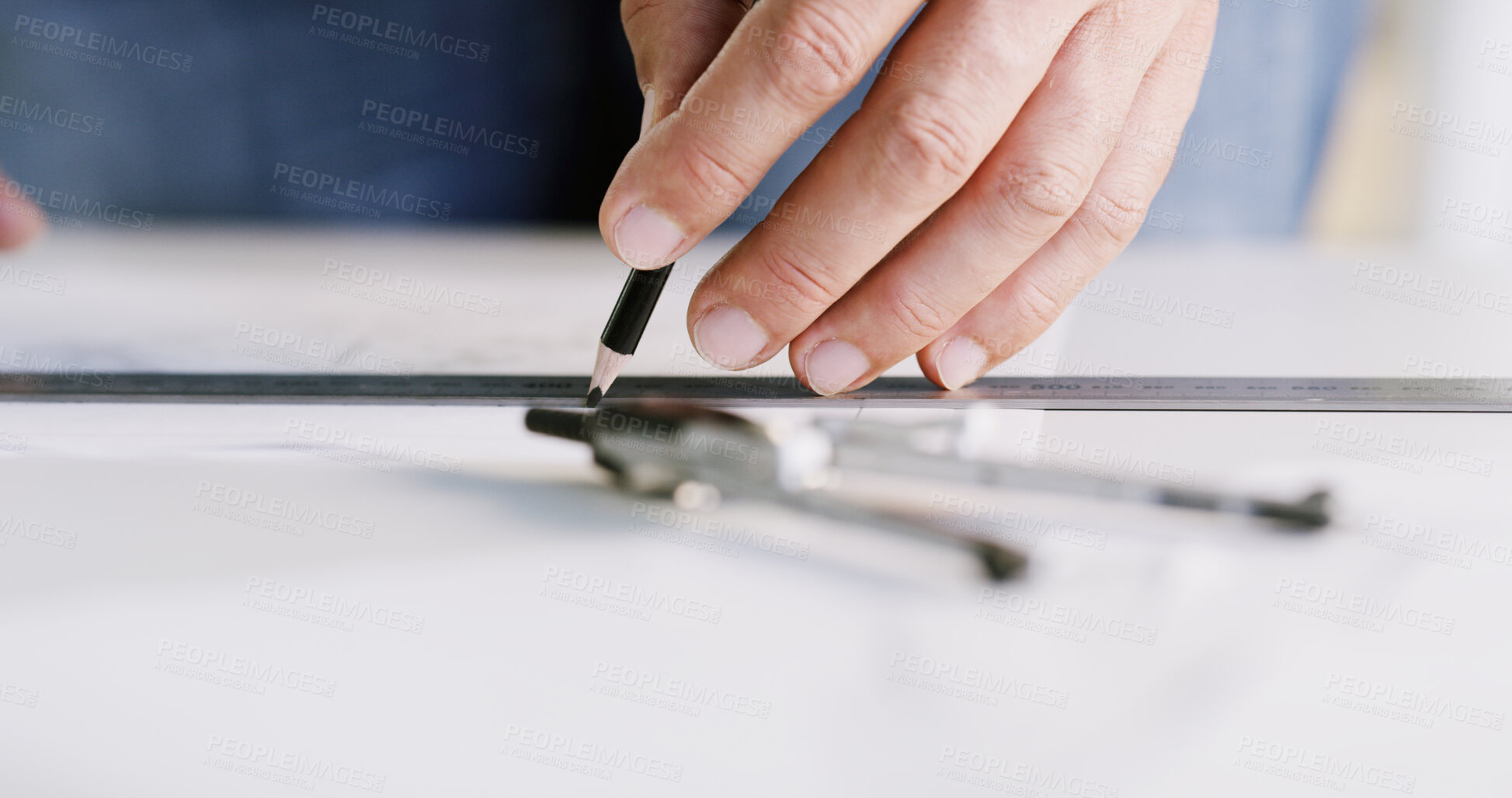 Buy stock photo Architect, hands and ruler on paper for measurement, accuracy and building development. Floor planning, instrument and person drawing on blueprint for architecture, engineering and creativity