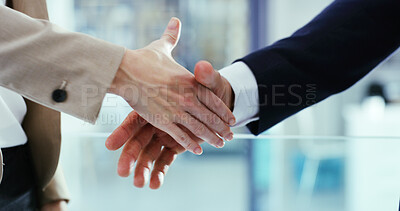 Buy stock photo Office, promotion and business people shaking hands in agreement for greeting and partnership. Onboarding, salary increase and hr manager in meeting for company support, handshake or recruitment deal