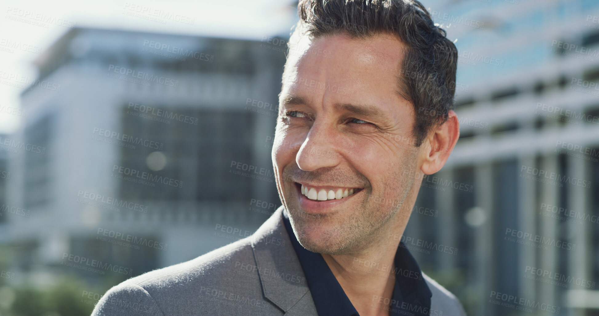 Buy stock photo Business, happy man and city planning with thinking, real estate or property redevelopment insight. Building ideas, developer and person for professional growth for future in urban development space