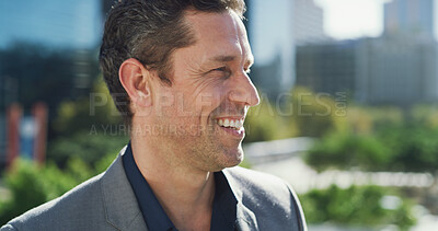 Buy stock photo Business man, happy with city planning and thinking for real estate, property redevelopment and insight. Building ideas, developer and professional growth for future in urban development space