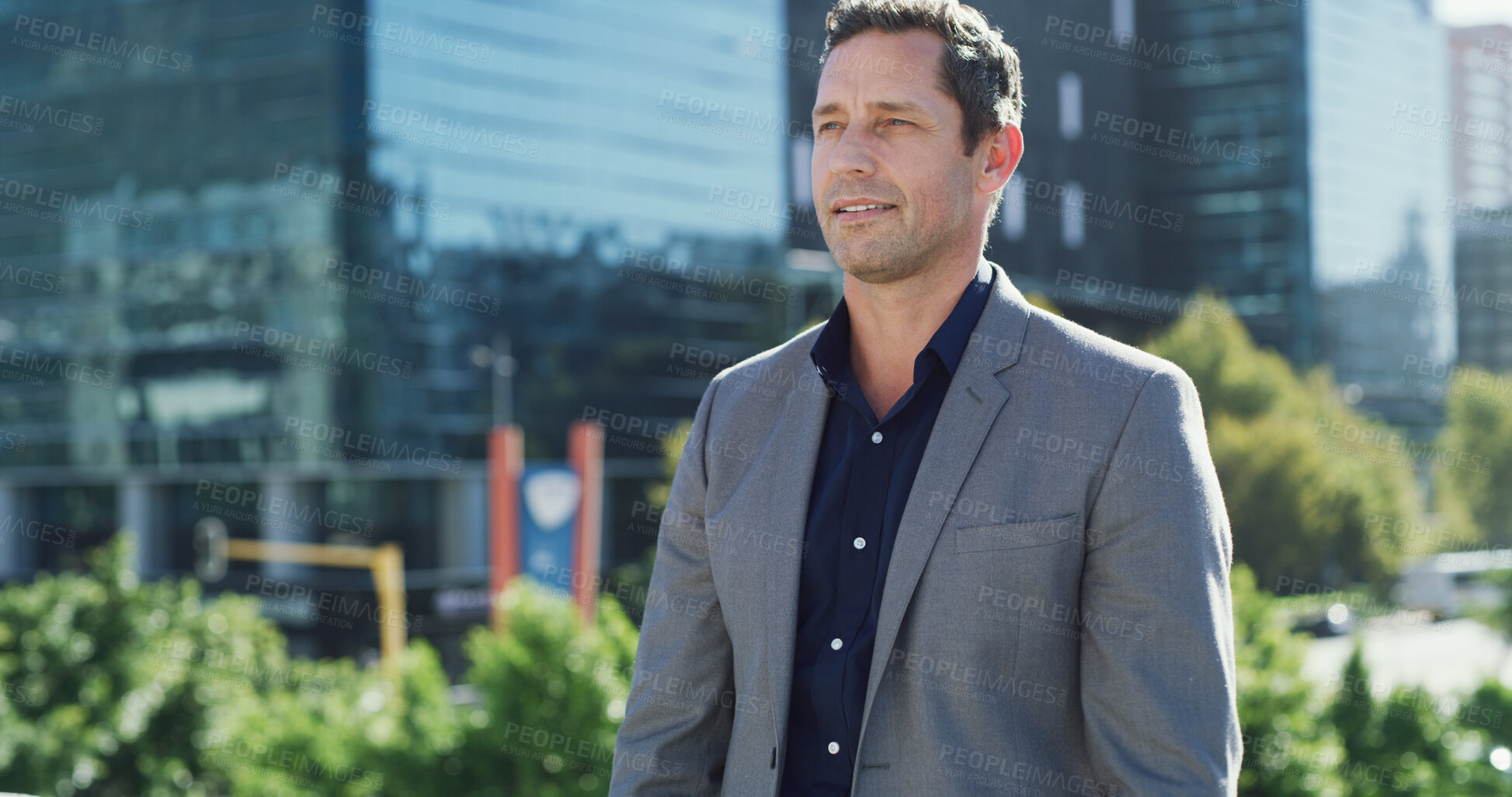 Buy stock photo Business man, thinking and commute in city for property viewing, idea and planning outdoor. Urban development, male realtor and real estate investment with vision for buildings with pride and smile