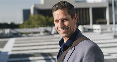 Buy stock photo Business man, travel and portrait in city with smile for commute to corporate workplace. Happy, commuter or professional male person with walk in town or journey on road to office building in Chicago