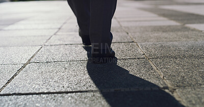 Buy stock photo City, legs and business person walk for travel, urban journey or morning commute on sidewalk. Back, shoes and worker on street outdoor with professional, pedestrian and trip for corporate career path
