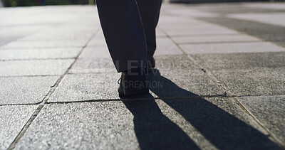 Buy stock photo Back, legs and business person walk in city for travel, urban journey or morning commute on sidewalk. Worker, shoes and trip outdoor on street with professional, pedestrian and corporate career path