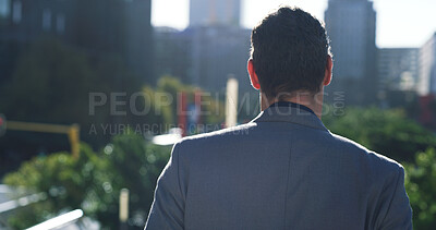 Buy stock photo Back, business man and thinking in city with real estate decision, planning or insight outdoor. Person, reflection and realtor in town with thoughts, idea or problem solving with location evaluation