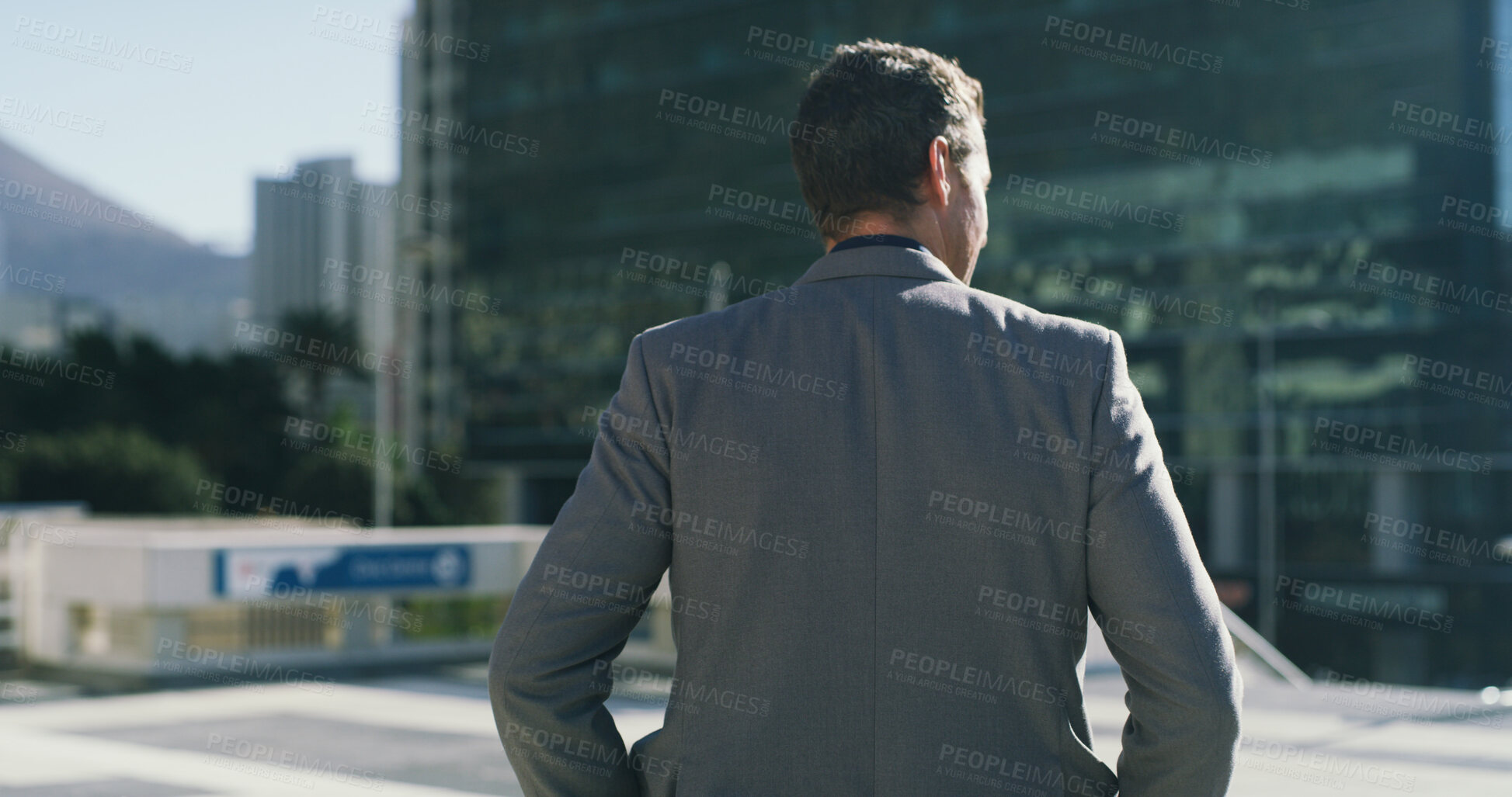 Buy stock photo Business man, back view and city planning, urban development or real estate insight in morning. Building ideas, property developer or town planner outdoor with opportunity for professional venture
