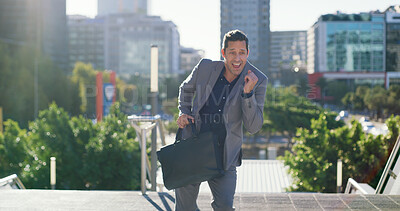 Buy stock photo Dancing, businessman and happy in city, good news and celebration for job promotion and achievement. Outdoor, employee and excited for career development, rhythm or person with opportunity on road