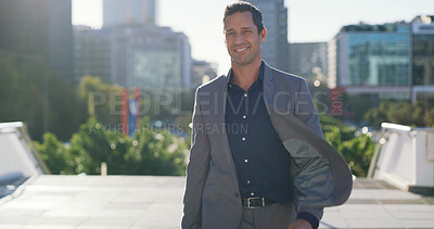 Buy stock photo Thinking, business and man for travel in city for real estate, ideas and vision of urban development. Male realtor, walk and reflection for corporate career, infrastructure and expansion opportunity