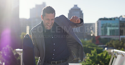 Buy stock photo Businessman, success and dancing in city, good news or celebration for job promotion or achievement. Outdoor, employee and excited for career development, rhythm or person with opportunity on road