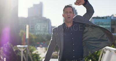 Buy stock photo Hailing, taxi and businessman in rush, city and commuting to work, morning and attorney with stress. Outdoor, lawyer and late for meeting, hand gesture and worry for missed court deadline or travel