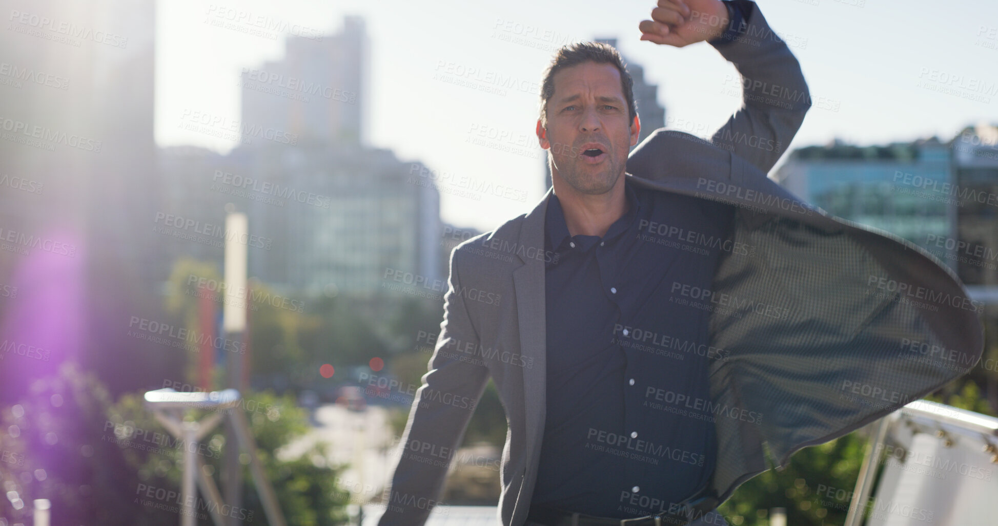 Buy stock photo Hailing, taxi and businessman in rush, city and commuting to work, morning and attorney with stress. Outdoor, lawyer and late for meeting, hand gesture and worry for missed court deadline or travel
