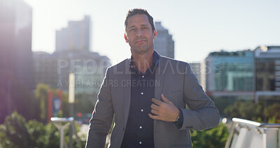 Buy stock photo Thinking, business and man for travel in city for planning, ideas and vision of urban development. Male realtor, walk and reflection for corporate career, infrastructure and opportunity for expansion