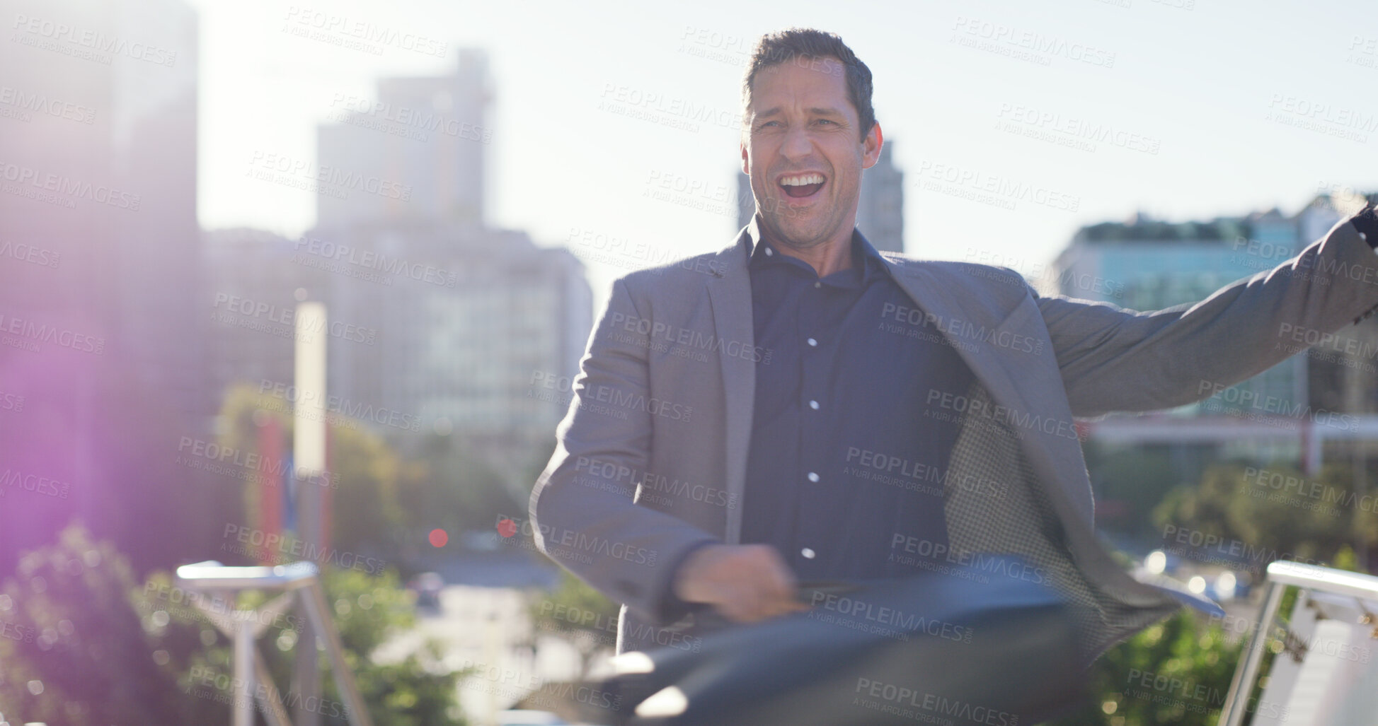 Buy stock photo Laugh, businessman and dancing in city, good news and celebration for job promotion and achievement. Outdoor, employee and excited for career development, rhythm or person with opportunity on road