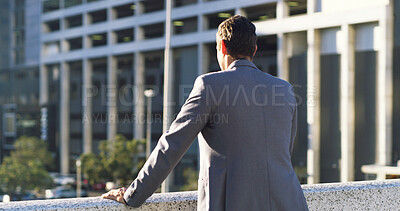 Buy stock photo Business man, back and city planning, urban development or real estate insight outdoor. Building view, property developer or town planner with opportunity or venture ideas for professional growth