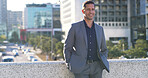 Business, man and outdoor for city planning, urban development with real estate insight or thinking. Building ideas, property developer or town planner with opportunity for professional venture space
