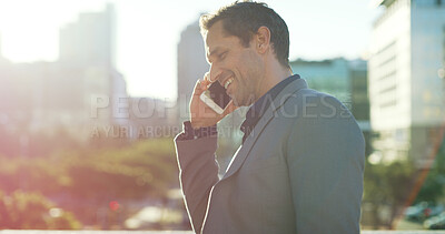 Buy stock photo Business, man and smile with phone call in city for funding negotiation, urban project and feedback. Property developer, mature person and speaking to investor outdoor for investment pitch and space