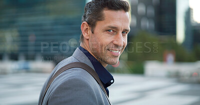 Buy stock photo Portrait, employee or man with smile, outdoor or travel with investment expert, pride or journey. Broker, mature person or financial consultant in street, happiness or urban town with morning commute