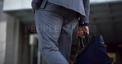Buy stock photo Businessman, hands and bag in city for travel, morning commute and journey to work. Professional, case and walking in town for career opportunity, punctuality and outdoor at urban office building