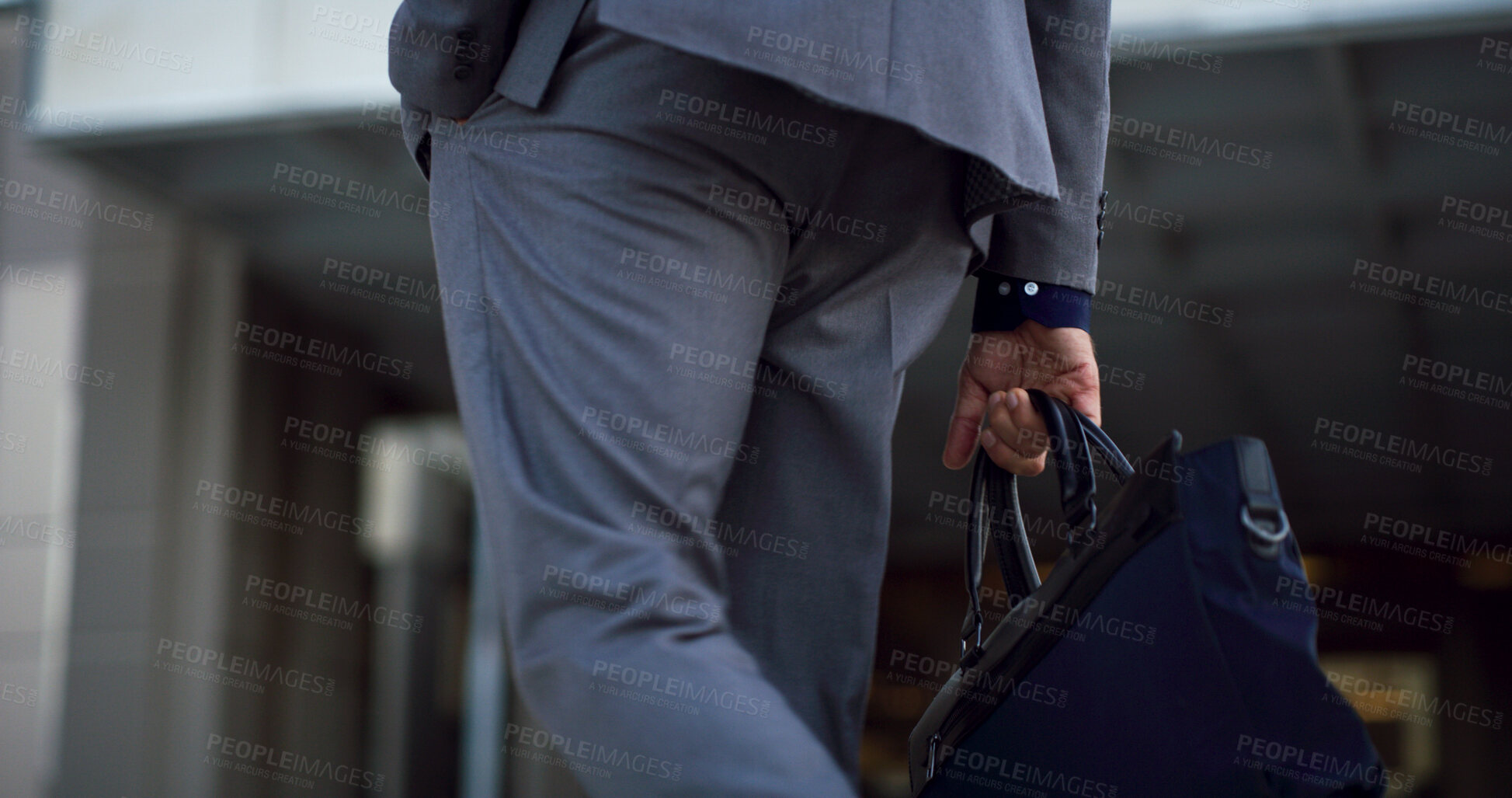 Buy stock photo Businessman, hands and bag in city for travel, morning commute and journey to work. Professional, case and walking in town for career opportunity, punctuality and outdoor at urban office building