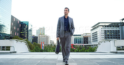 Buy stock photo Mature business man, thinking and walking in city for property viewing, idea and planning outdoor. Urban development, male realtor and real estate investment with vision for building infrastructure