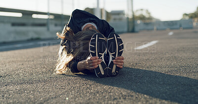 Buy stock photo Fitness, woman and stretching on road for wellness, health and preparation for exercise in city. Sports, athlete and seated forward bend for flexibility, warm up legs or runner outdoor on street