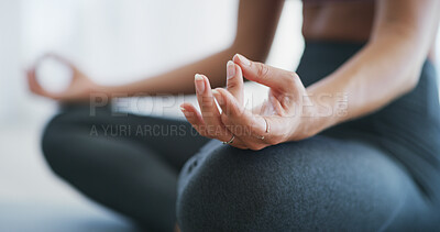 Buy stock photo Meditation, lotus pose and hands of woman in home for yoga, spiritual awareness and zen break. Wellness, mindfulness and inner peace with person in apartment for holistic healing, aura and soul