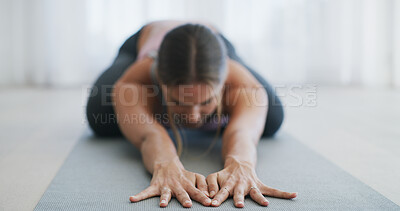Buy stock photo Hands, yoga and childs pose in home, mat and stretching for warm up, muscle and wellness on floor. Person, breathing exercise and routine with holistic fitness, pilates and flexibility at apartment