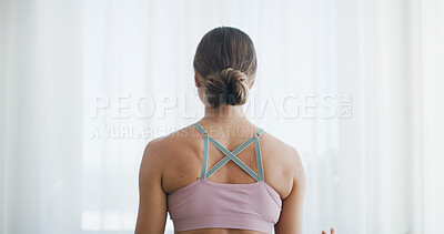 Buy stock photo Woman, back and yoga with meditation in home for spiritual wellness or mental wellbeing. Female person, yogi or relax with zen or pose for fitness, mindfulness or breathing exercise in house on space