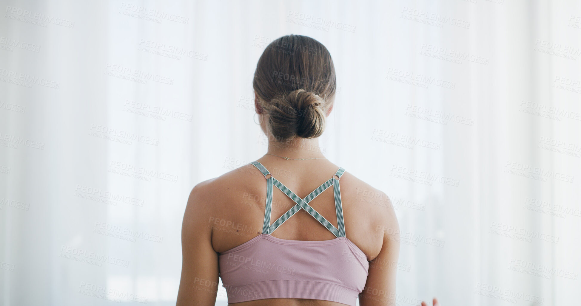 Buy stock photo Woman, back and yoga with meditation in home for spiritual wellness or mental wellbeing. Female person, yogi or relax with zen or pose for fitness, mindfulness or breathing exercise in house on space