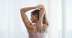 Back of woman, stretching and yoga in home for meditation, healing and peace or mental health. Female person, zen and flexibility for chakra, energy and mindfulness or pilates exercise in house